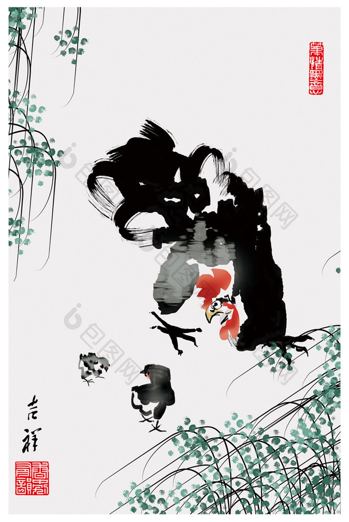 文艺中国风手绘水墨淡彩公鸡书房酒店装饰画