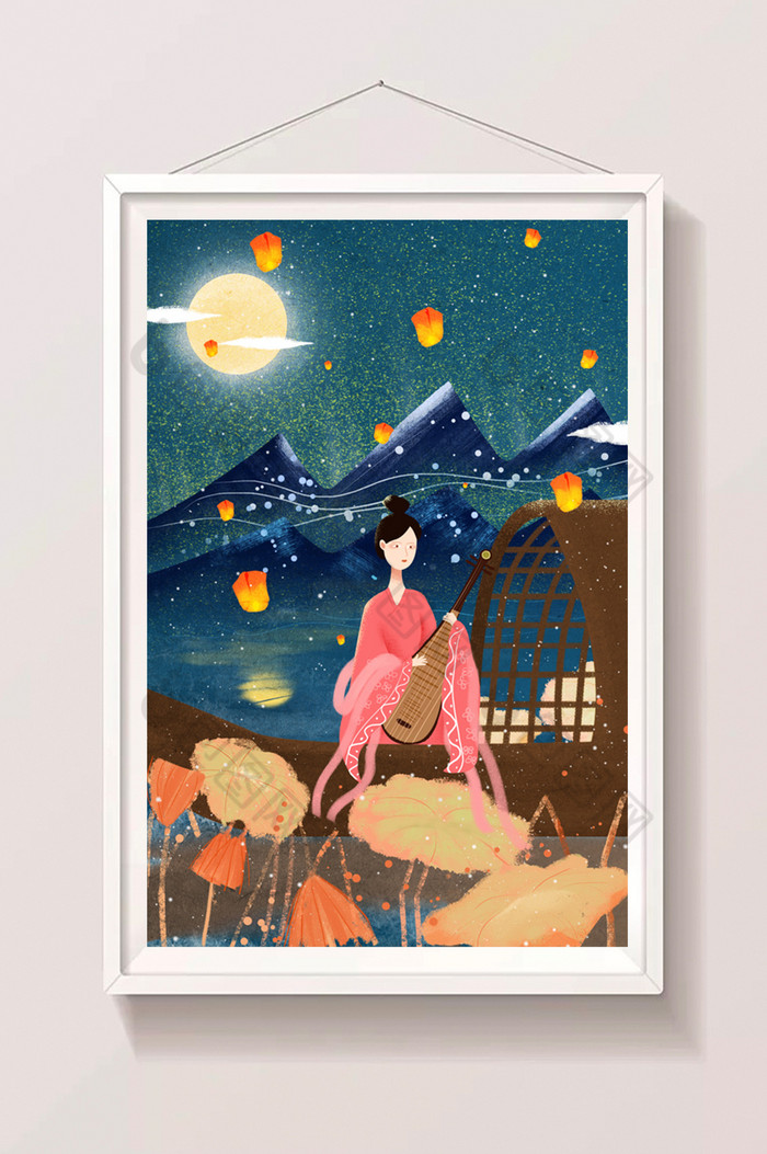 古风女子乘船游湖赏月图