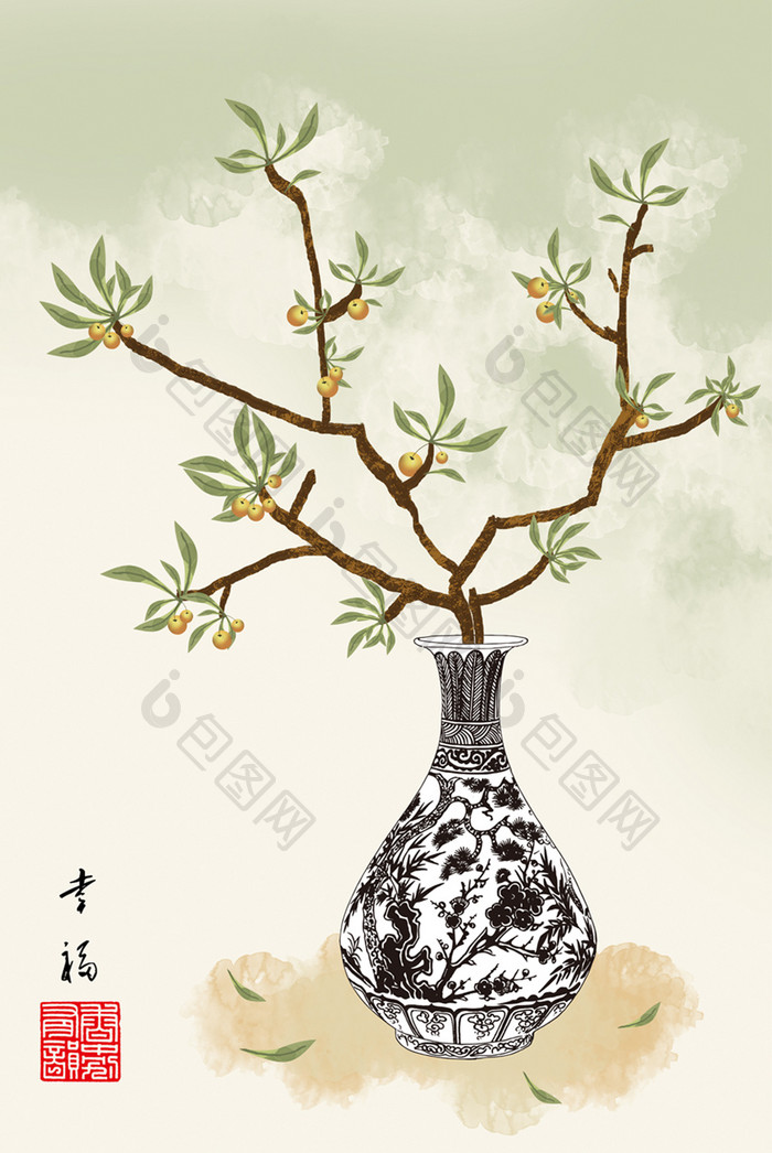 文艺中国风淡彩民俗花瓶书房过道创意装饰画