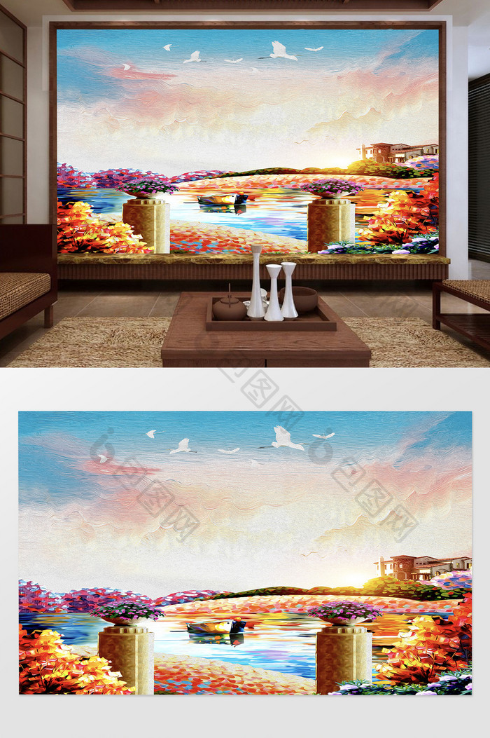 中式油画水彩花卉天空小河电视背景墙效果图