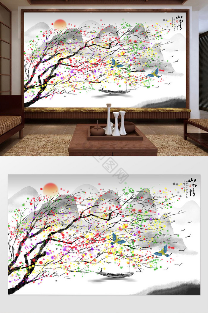 新中式手绘写意花鸟山水背景装饰壁画图片