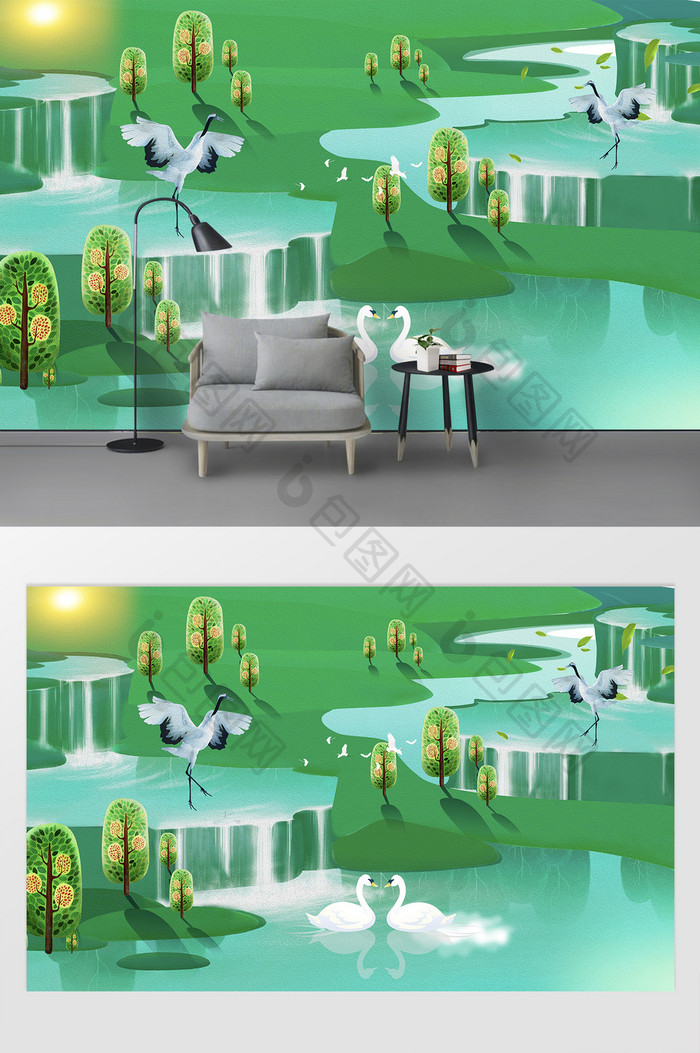 现代绿色天鹅山水画背景墙