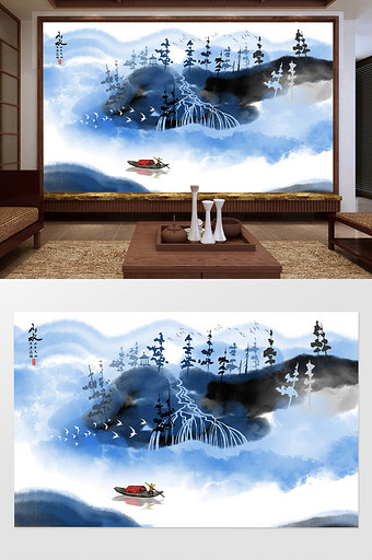 新中式手绘蓝色山水背景装饰壁画图片