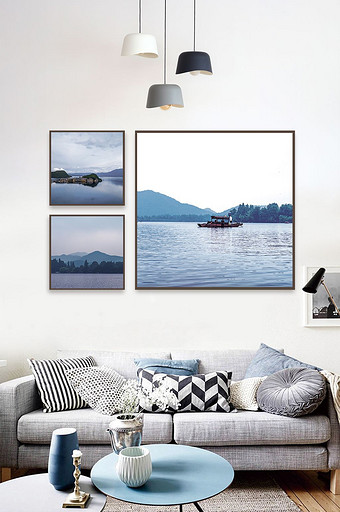 创意杭州千岛湖风景抽象油画客厅三联装饰画图片