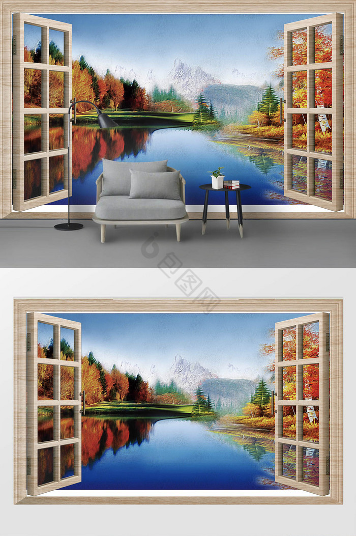 现代立体门窗唯美风景油画背景墙装饰定制图片