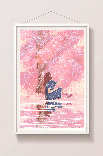 手绘粉色清新唯美樱花树少女插画图片