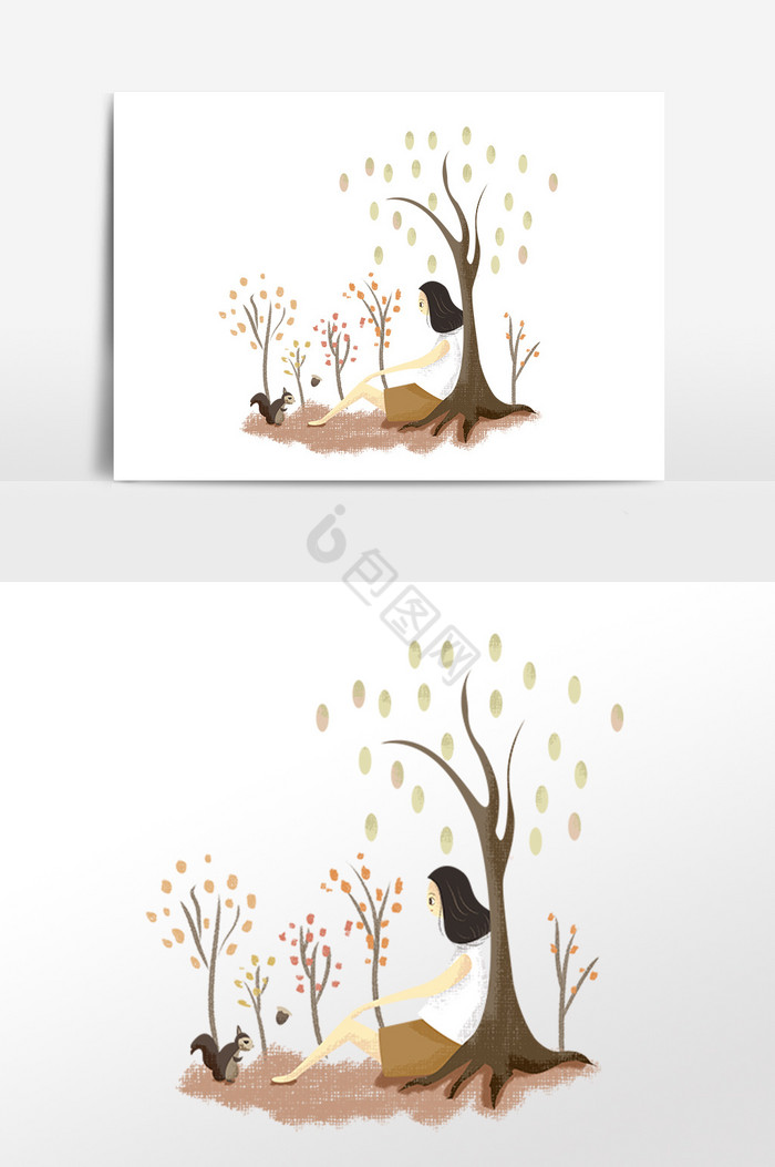 秋季树下女孩插画图片