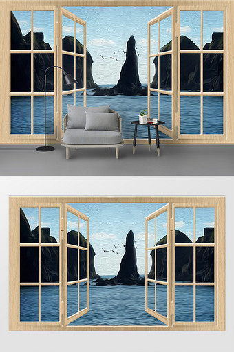 现代立体门窗大海奇山油画背景墙装饰定制图片