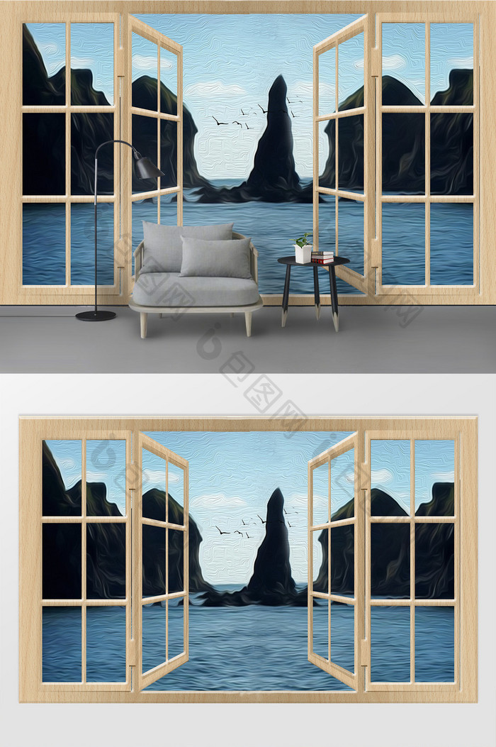 现代立体门窗大海奇山油画背景墙装饰定制