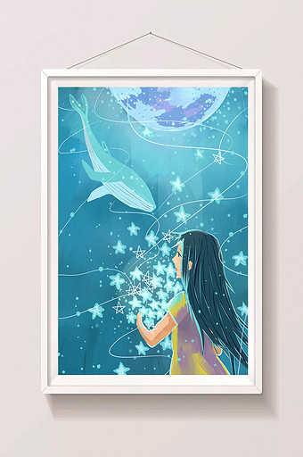 清新夏季海底小女孩的鲸鱼梦幻插画图片