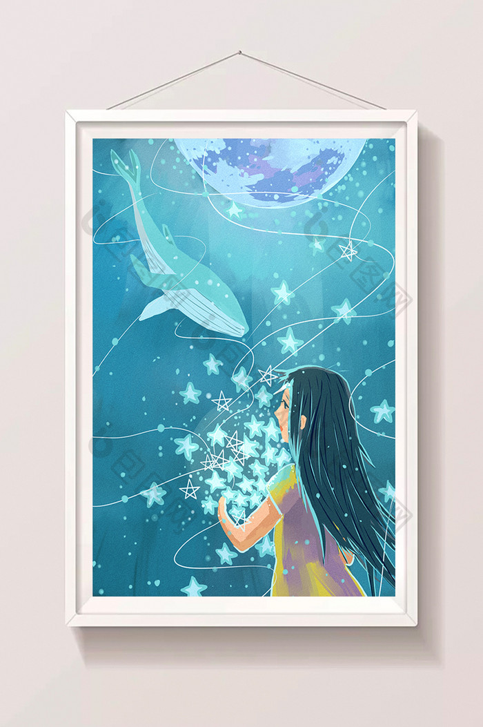 清新夏季海底小女孩的鲸鱼梦幻插画
