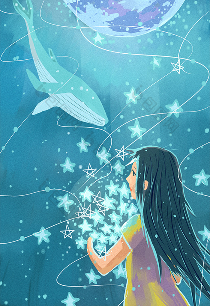 清新夏季海底小女孩的鲸鱼梦幻插画