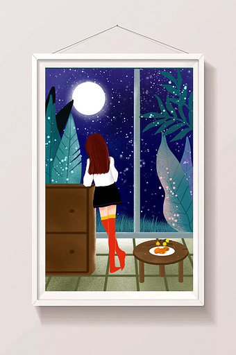 小清新女孩浪漫夜空赏月插画设计图片