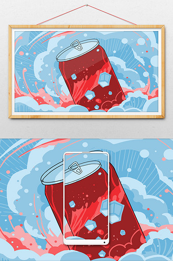 蓝色冰凉可乐唯美风格横版插画背景图片