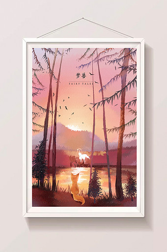 红色森林湖边秋天风景插画动物图片