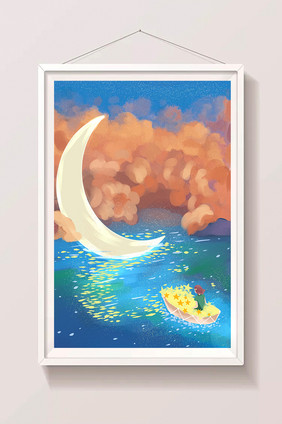 清新唯美月亮船小女孩海上明月插画