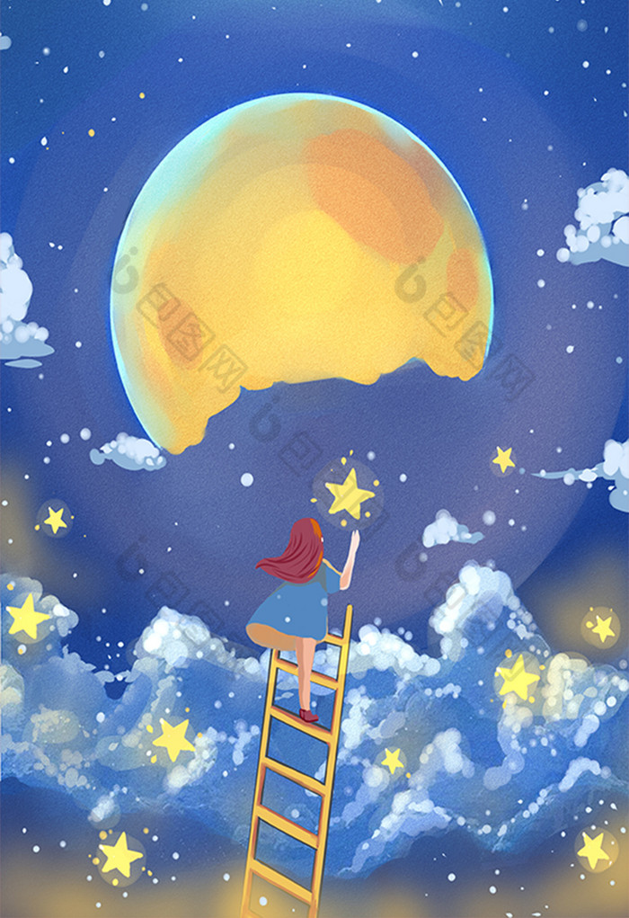 梯子月亮摘星星小女孩插画图片