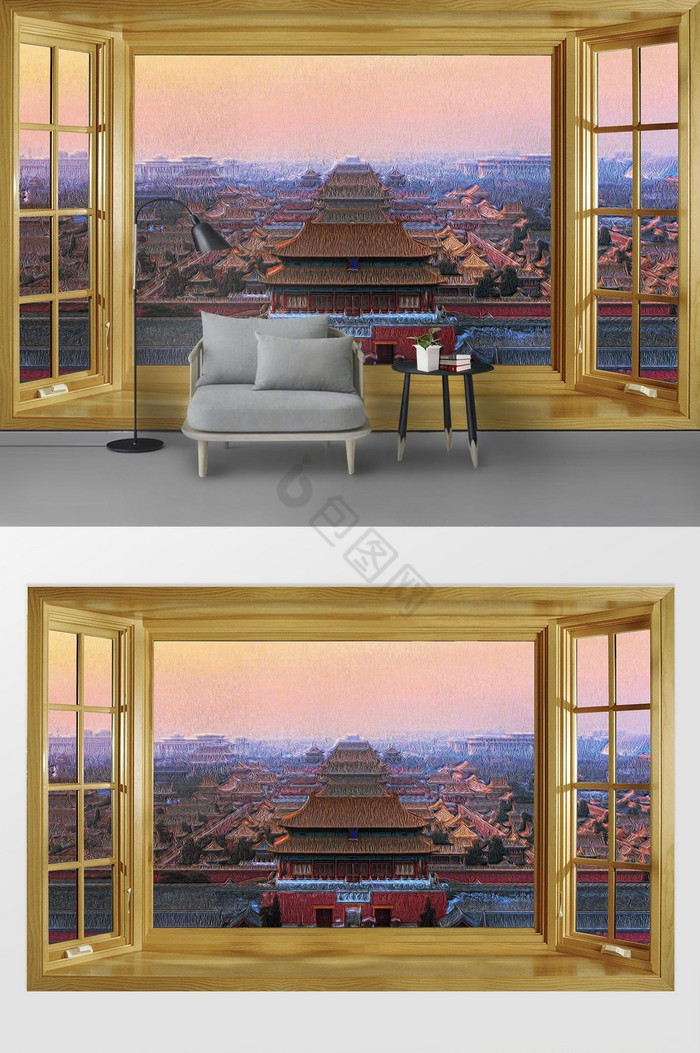 现代简约故宫博物院户外门窗油画背景墙定制图片