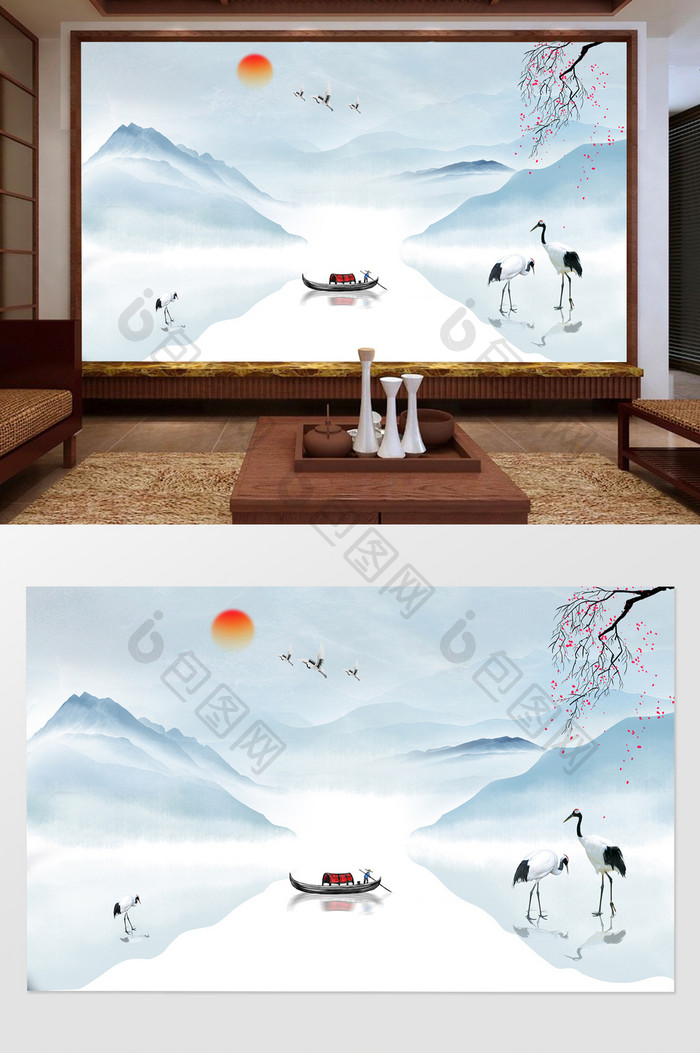 新中式禅意水墨山水白鹤画客厅背景墙