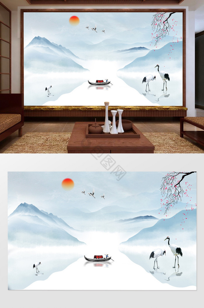 新中式禅意水墨山水白鹤画客厅背景墙图片
