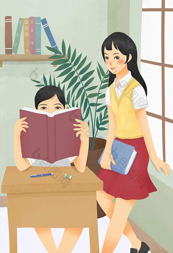 唯美清新开学季高中生女生教室看书插画