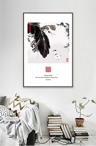 水墨淡彩中国风书房过道酒店创意装饰画图片