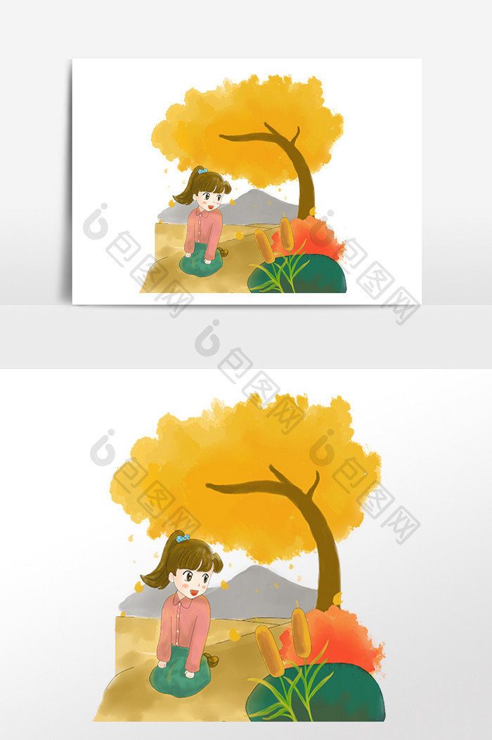 手绘秋季女孩枫树插画素材
