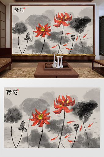 中式手绘写意水墨荷花背景装饰画图片