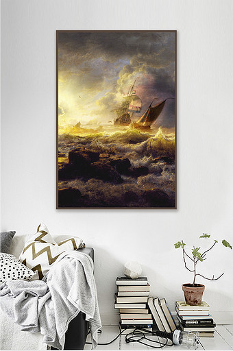 北欧油画素材大海风浪帆船装饰画背景墙图片
