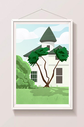 北欧小清新建筑树木插画背景图片