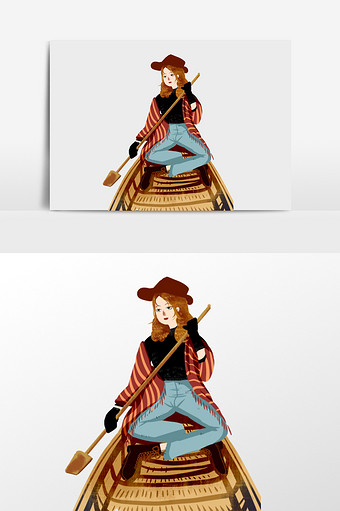 手绘划船的女孩插画元素图片