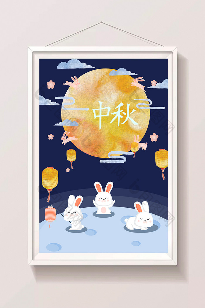 中秋望月的兔子插画海报