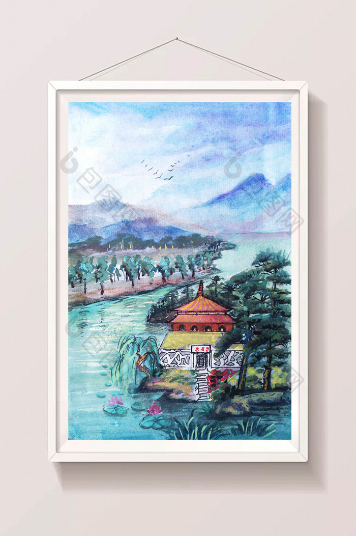 中国风水彩水墨山水画建筑河流插画