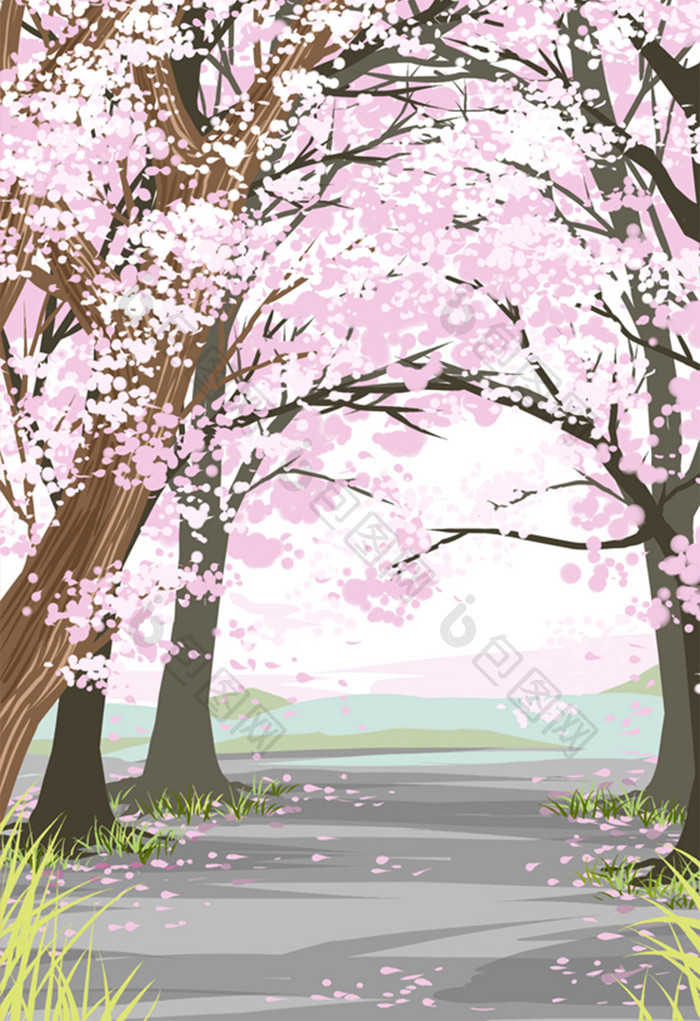 粉色樱花树林插画背景