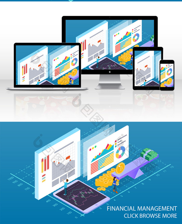 2.5D金融数据分析科技场景插画