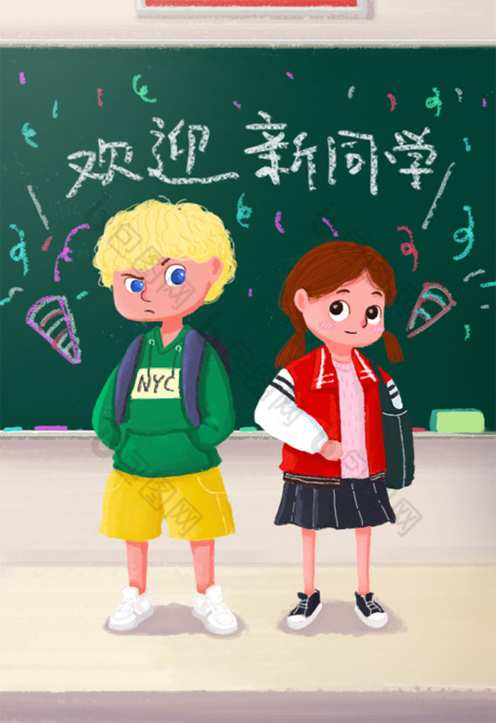 开学教室内欢迎新同学蜡笔插画图片