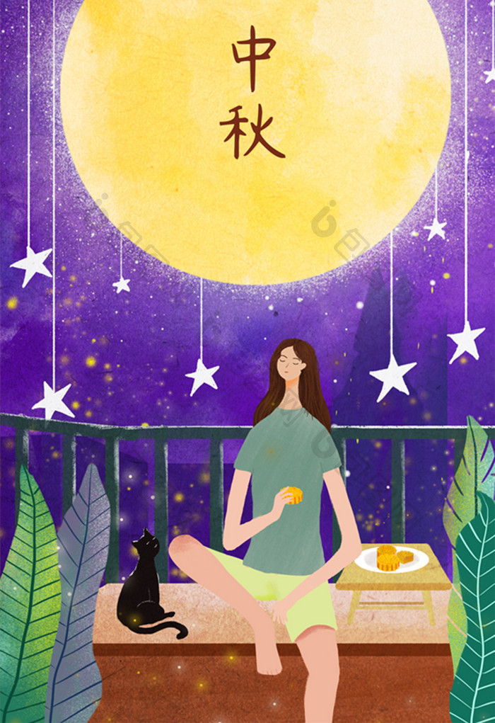 原创中秋传统佳节女孩吃月饼赏月插画