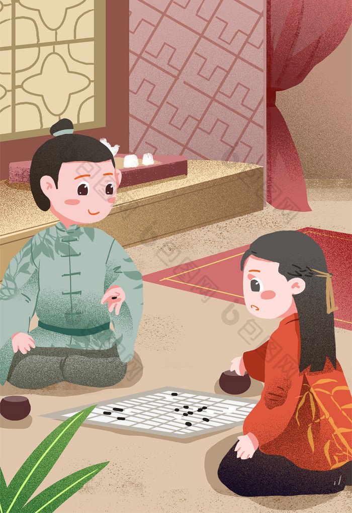 复古中国风两个少年下围棋插画