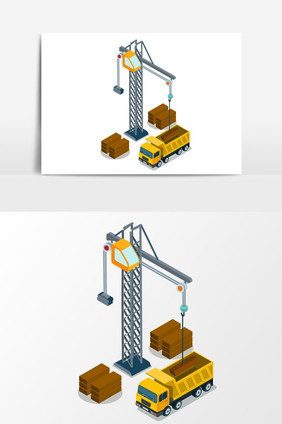 手绘工地吊塔货车插画矢量素材