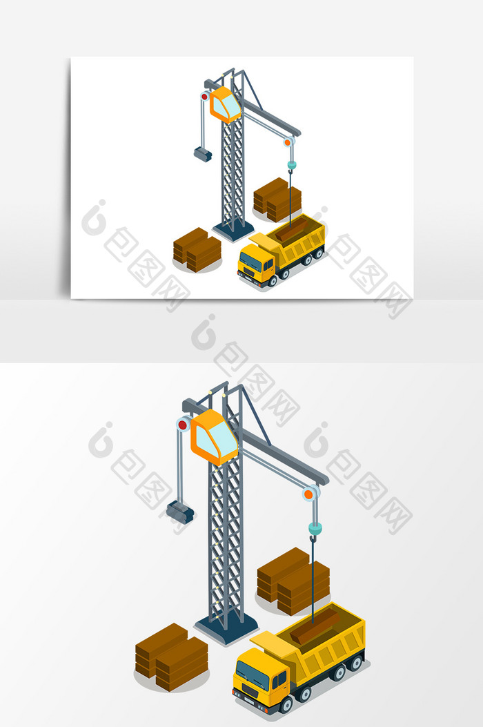 手绘工地吊塔货车插画矢量素材