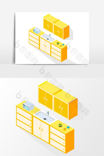 手绘卡通黄色厨房家具设计矢量素材图片