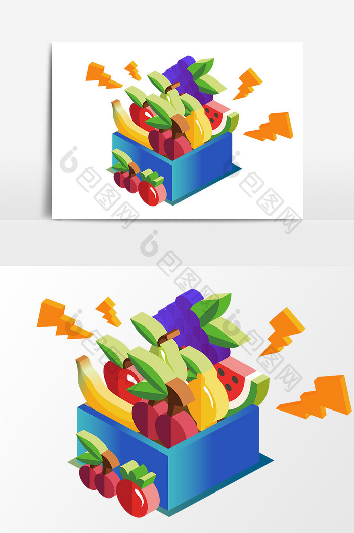 手绘立体化水果礼盒插画矢量素材