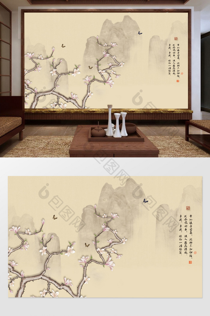 原创新中式手绘玉兰工笔花鸟山水背景墙