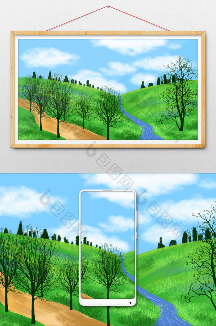 清新水彩海边风景手绘夏日草原 图片下载 包图网