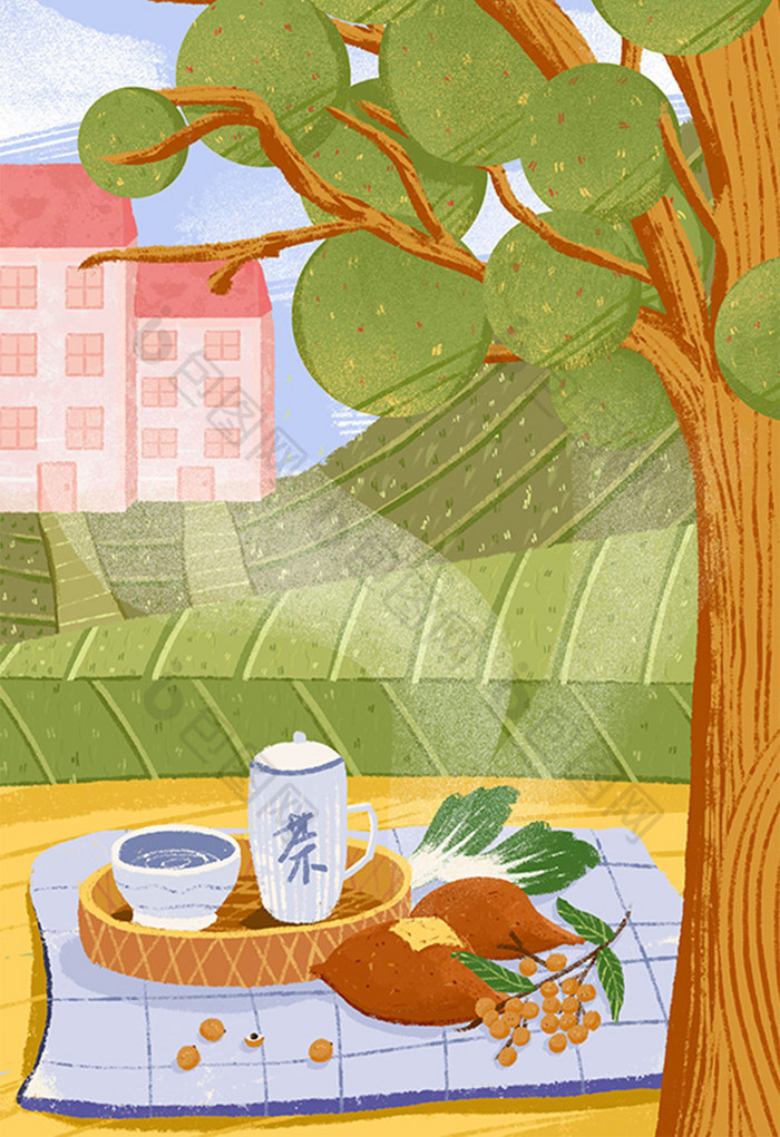 白露节气吃番薯龙眼喝秋茶插画图片