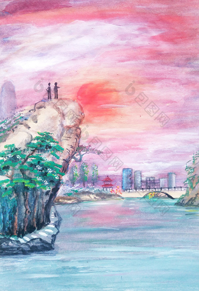 中国风水彩风景山水手绘水墨画插画