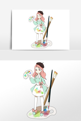 手绘开学季女孩美术课插画素材