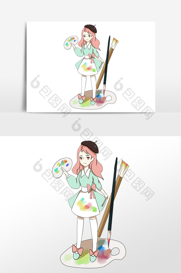 手绘开学季女孩美术课插画素材