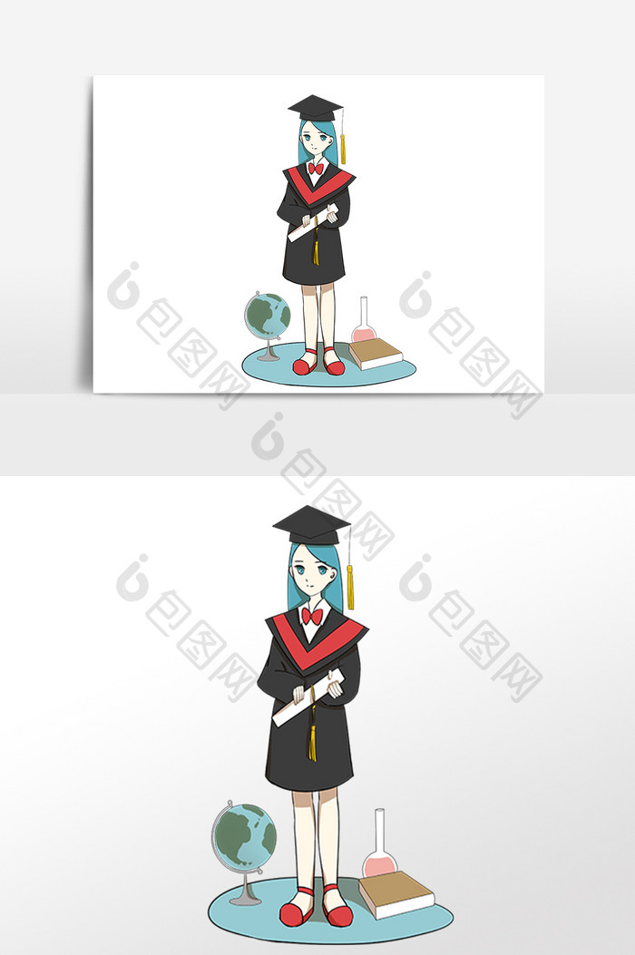 手绘开学季女孩学士服插画素材