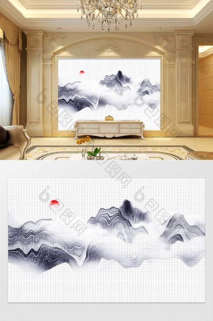 新中式抽象水墨烟雾山水大理石背景墙